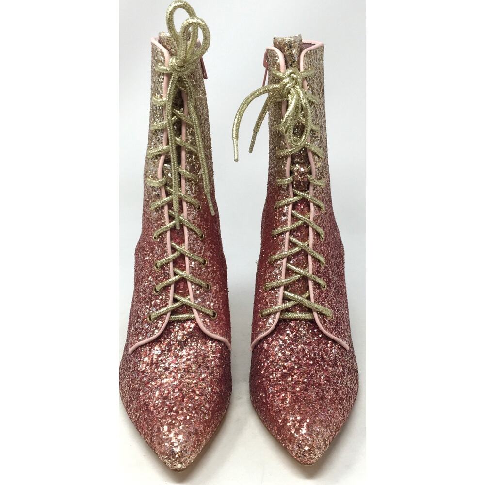 Glitter Ombre Lace Up High Heel Boots Gold Pink Block Heel Party Shoes Size 9 - Picture 4 of 7